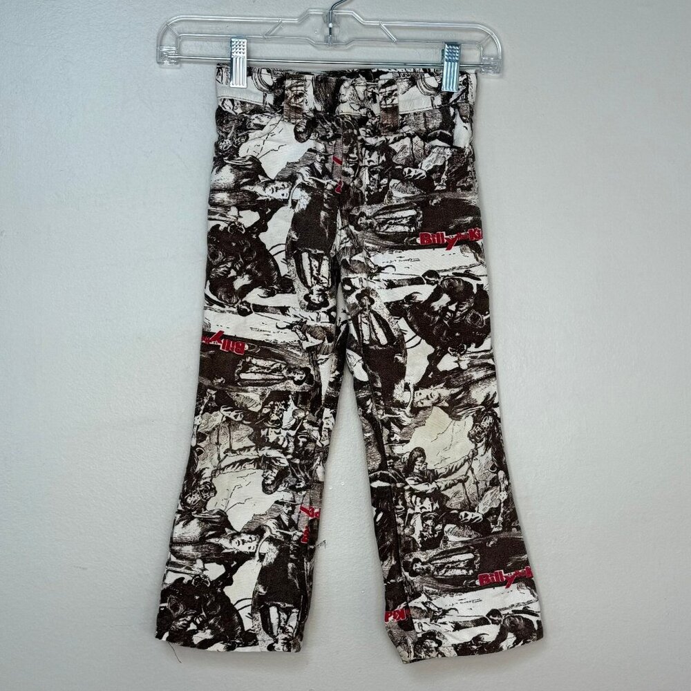Vintage 1970s Kids Billy the Kid All Over Print Jeans Size 5/6, Wild West Outlaw